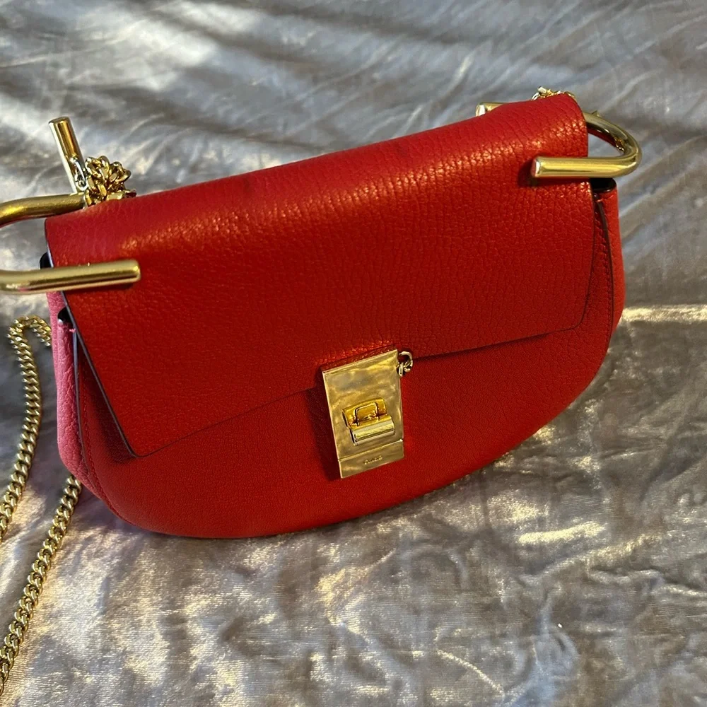 Chloe Red Leather Small Crossbody Saddle Bag with Gold Hardware - Picture 4 of 10